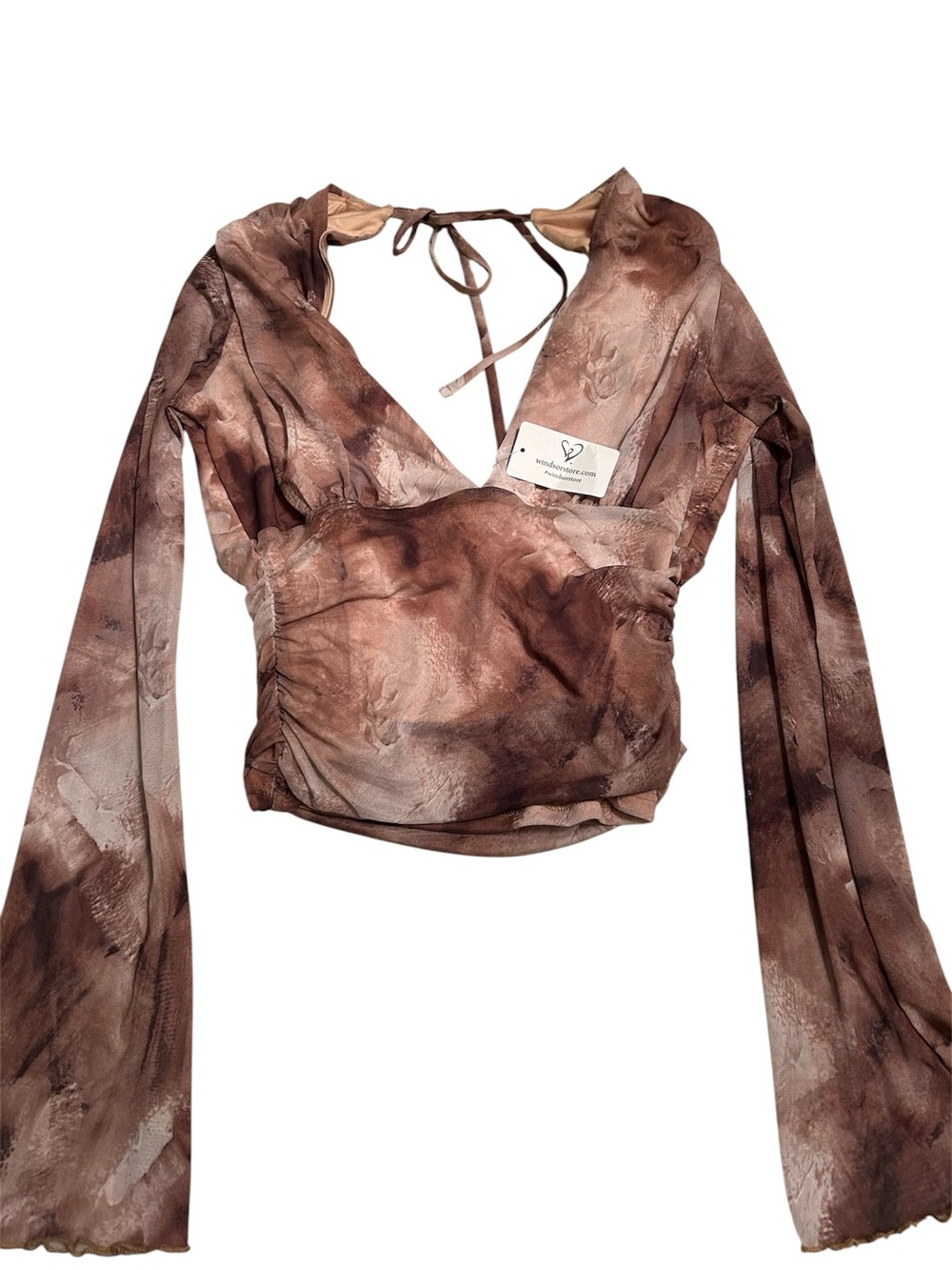 Windsor Brown And Baby Pink Tie-Back Long Sleeve V-Neck Crop Top